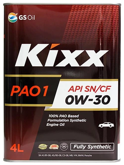 Масло моторное Kixx PAO1 0W-30 API SN/CF, ACEA A5/B5-12, C2-16, BMW LL-04, MB 229.31/229.51, VW 502.00/505.00 - 4л.