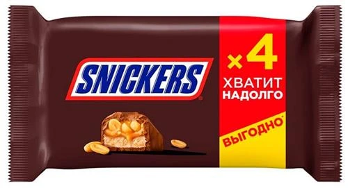 Батончик Snickers с карамелью, арахисом и нугой, 40 г, 4 шт.